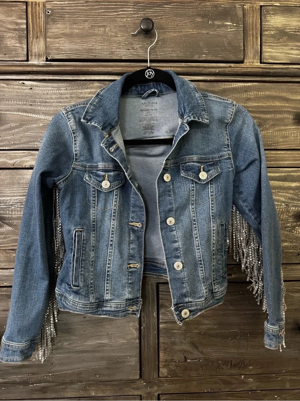 Girls Country Western Jean Denim Jacket with Silver Beaded Fringe- Medium 10-12